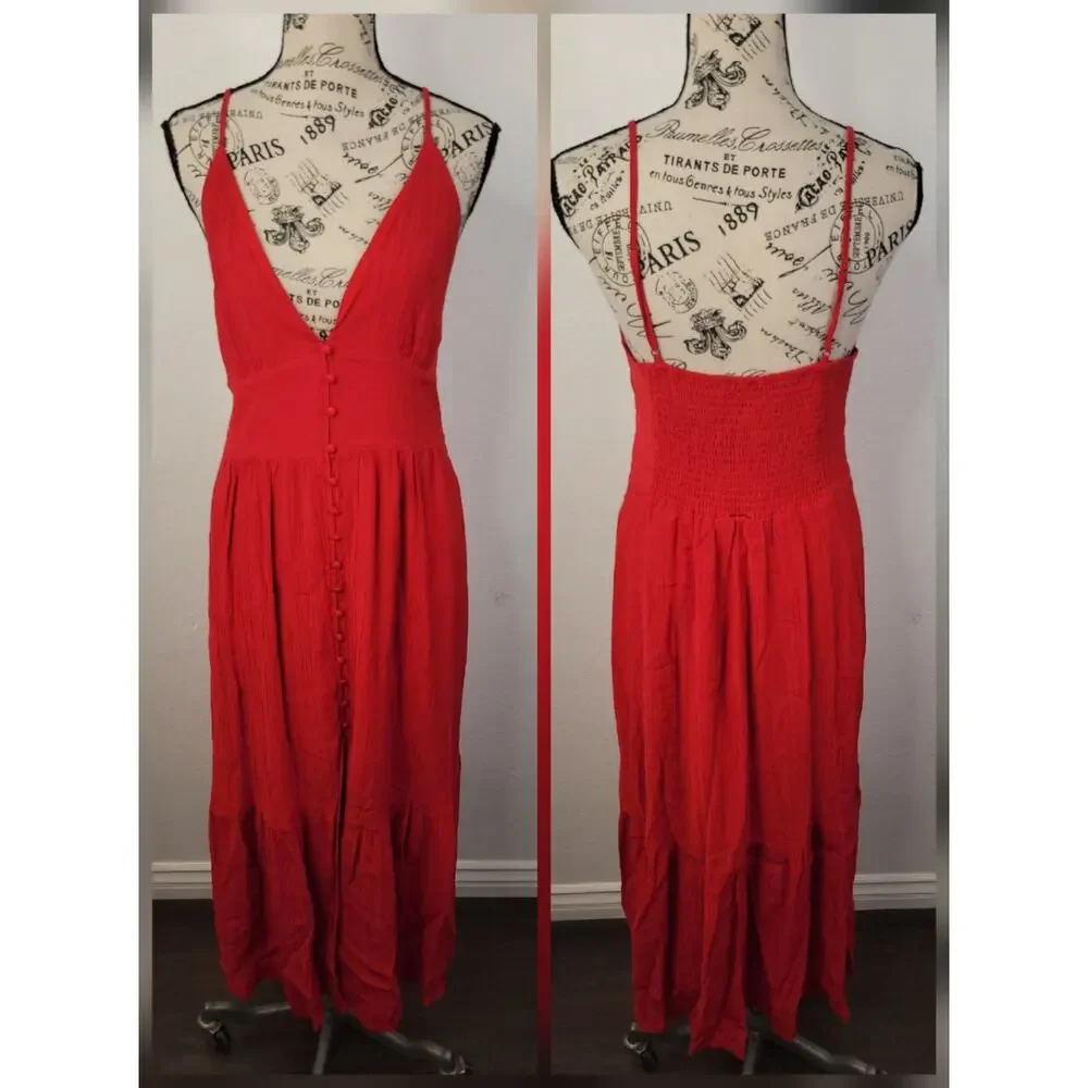 Abercrombie & Fitch Maxi Dress Medium Tall MT Button Front Red Cottage Bohemian